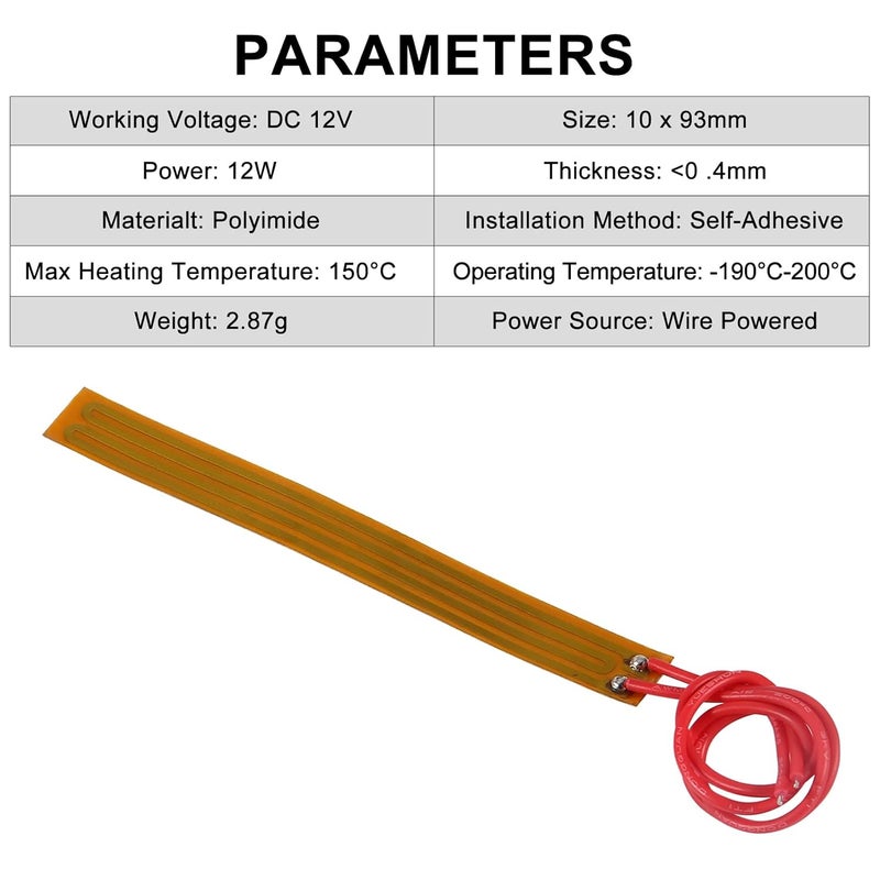 XIITIA 15pcs 10mmx93mm Film Heater Plate Adhesive Pad, PI Heating Elements Film 12V 12W Strip Heater Adhesive Polyimide Heater Plate (12V 12W 10mmx93mm) - Image 3
